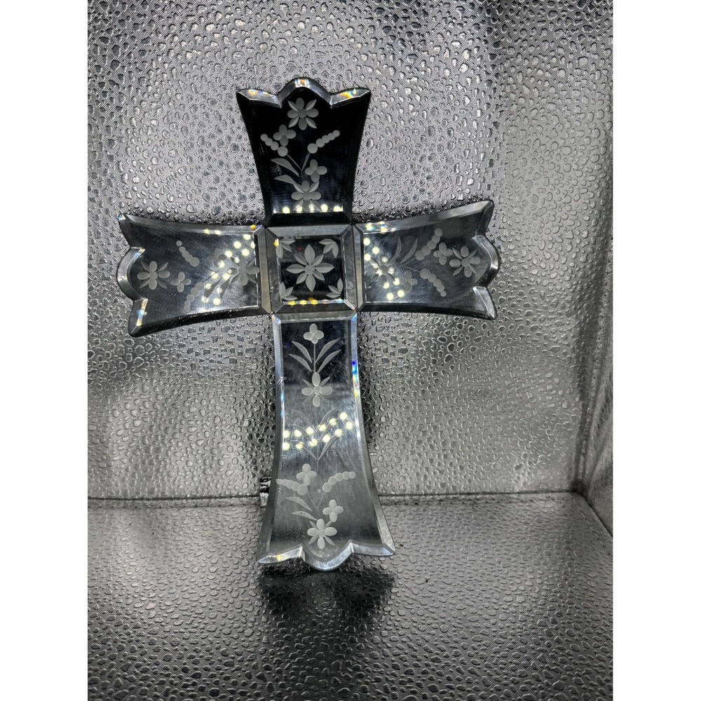 Lot of 3 Vintage Etched Mirrored Glass Wall Cross Floral Beveled Edge Religious